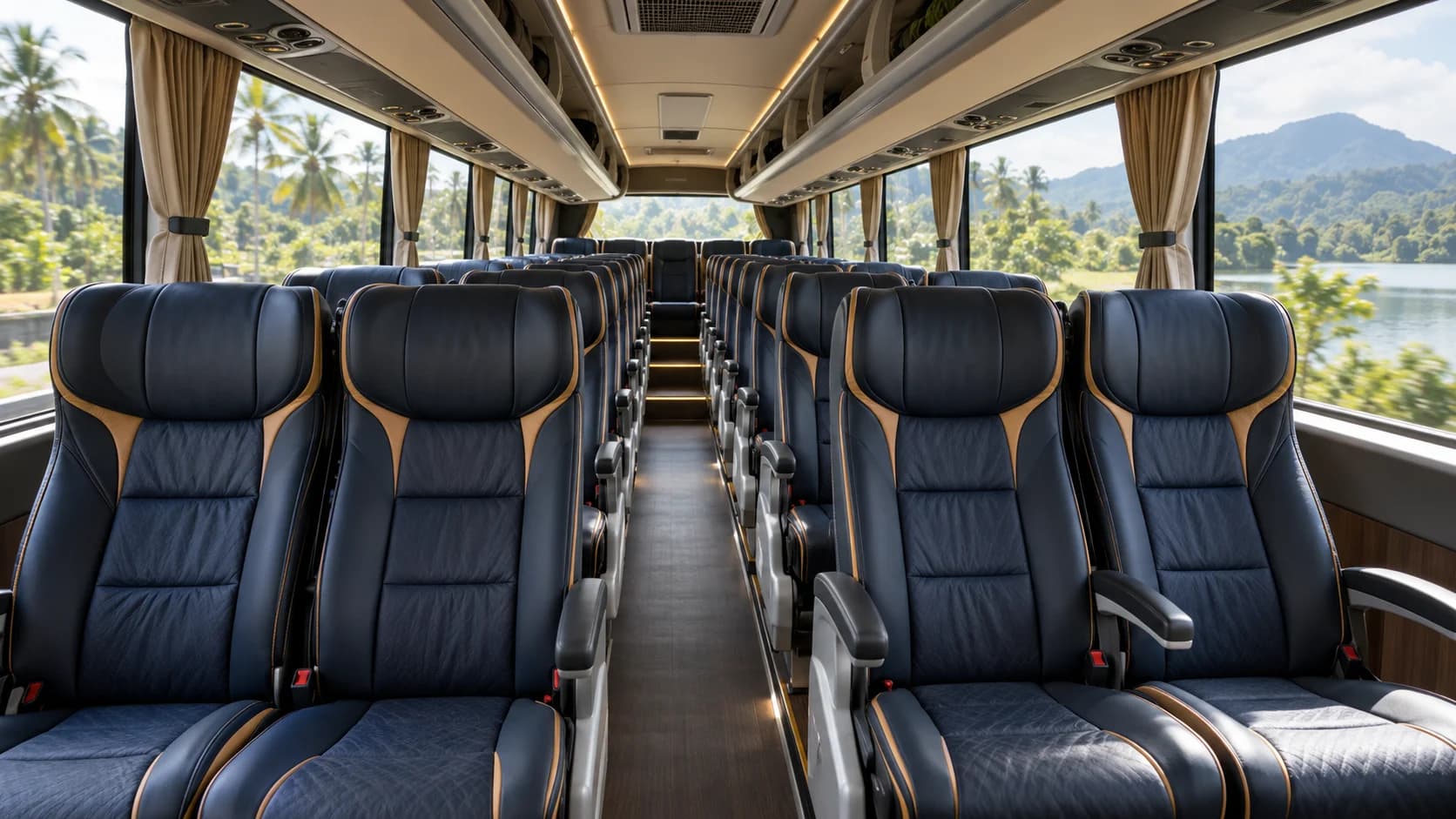 Rows of reclining seats inside a touring coach
