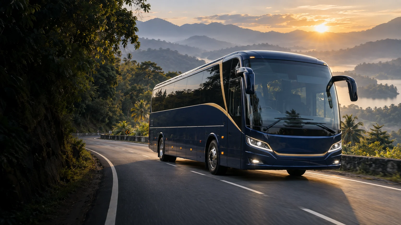 A navy coach on a Sri Lankan hill-country road at sunrise